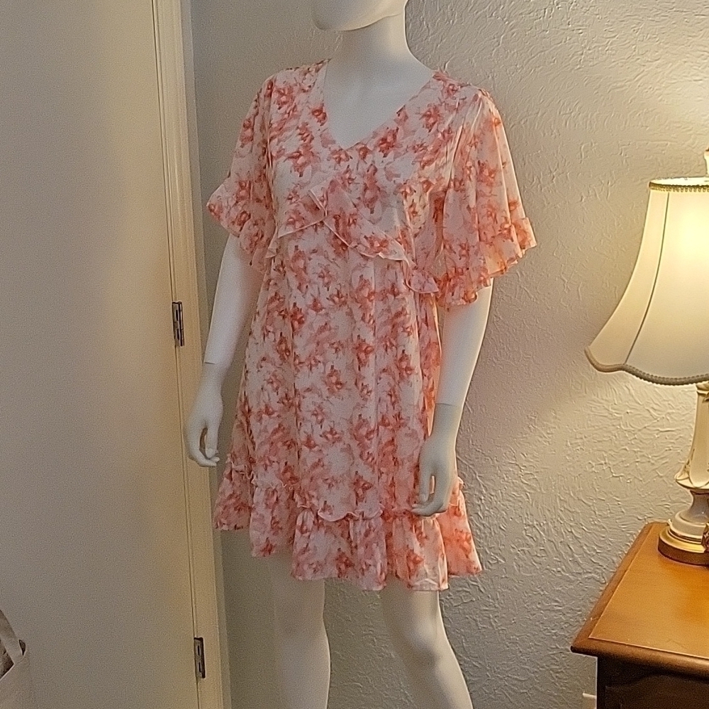 AGQT Flirty Coral Pink Watercolor Ruffle Mini Skater Dress Small - Picture 2 of 9